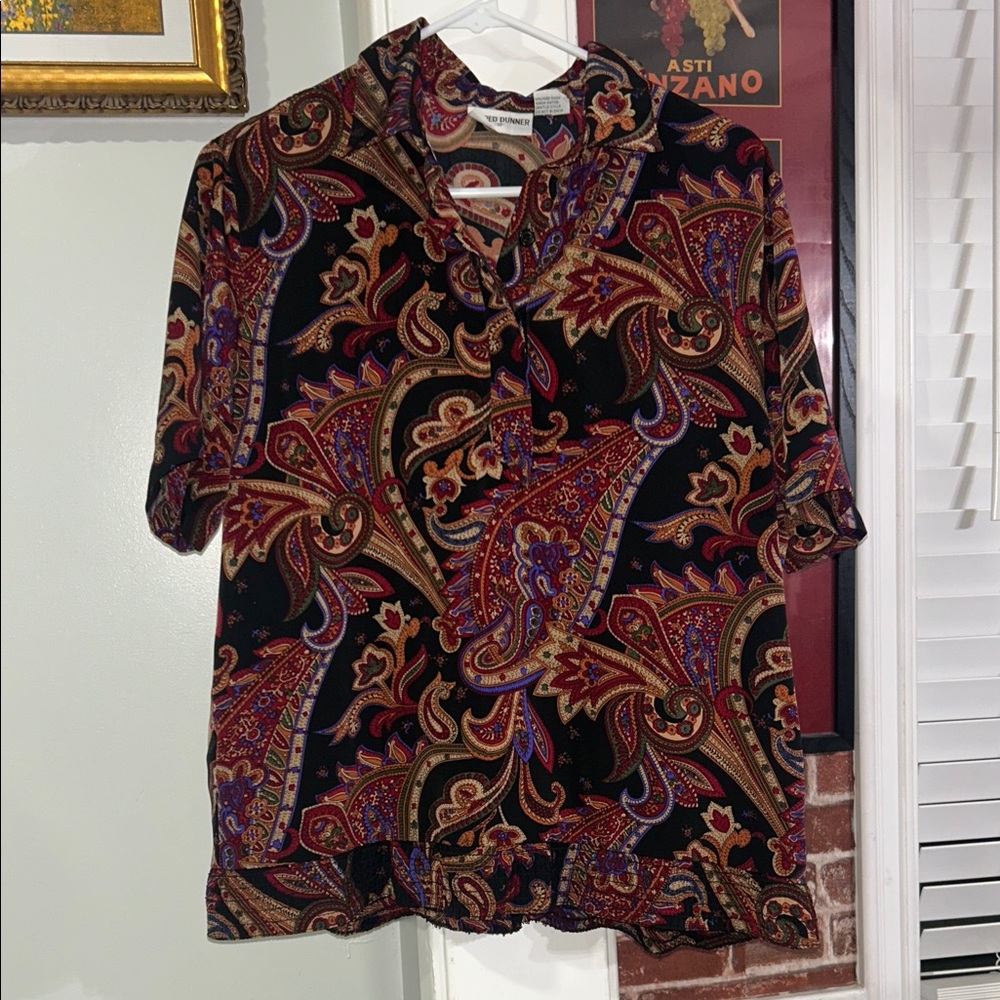 Alfred Dunner Black Paisley Button-Down Shirt with Red and Gold Accents